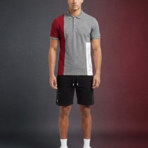 Ensemble LACOSTE Polo Homme Gris Rouge | T-Shirt Polo Texte LACOSTE Short Noir | Edition Signature 2025 | Algérie
